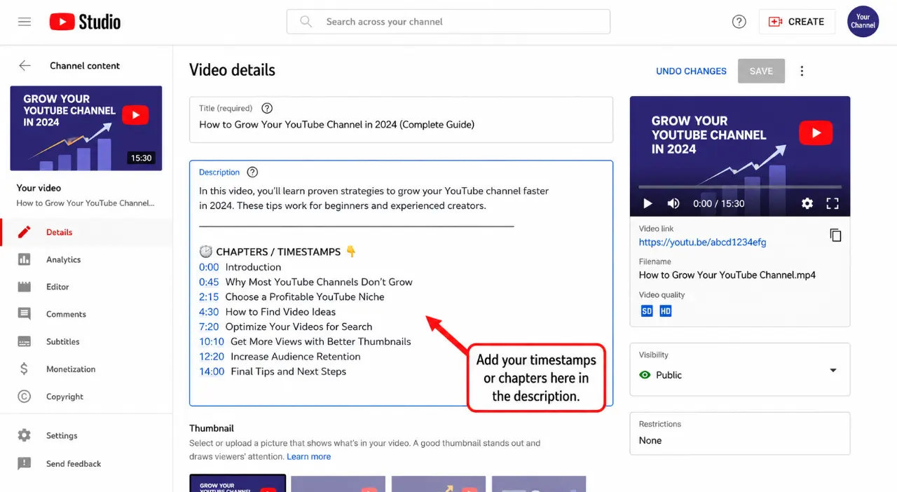 How to add timestamps in YouTube video description