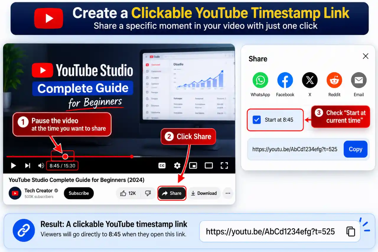 Create clickable YouTube timestamp link example