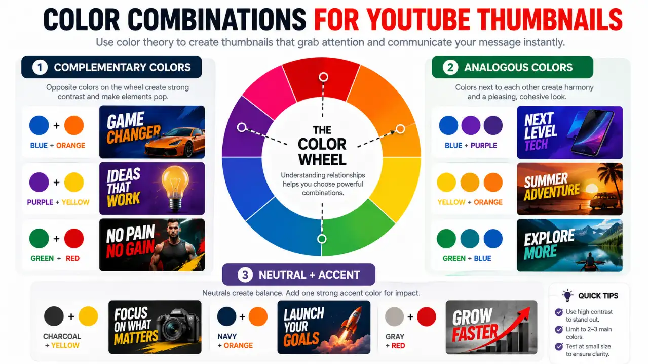 youtube-thumbnail-color-combinations-showing-complementary-analogous-and-neutral-accent-color-schemes